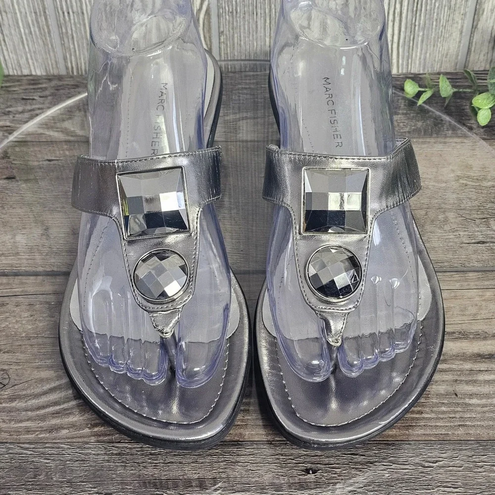 Marc Fisher Silver Embellished Thong Wedge Sandals Women‎ Size 9M